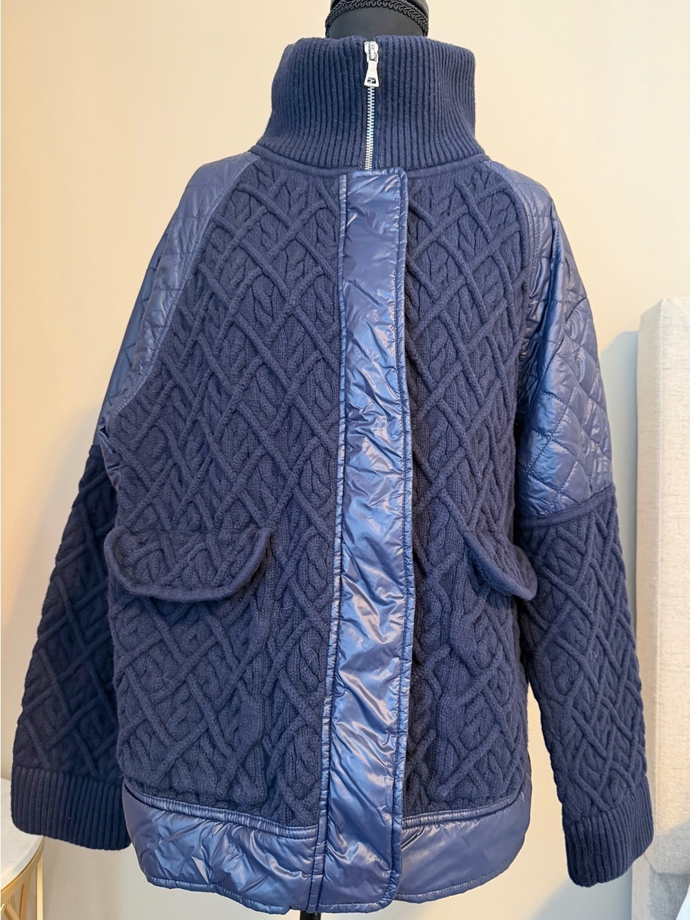 Ann Taylor Navy Quilted Cable-Knit Bomber Jacket